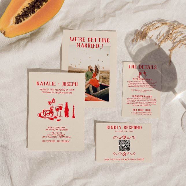 Invitation Retro rouge main dessinée Scribble Mariage irky (Créateur téléchargé)