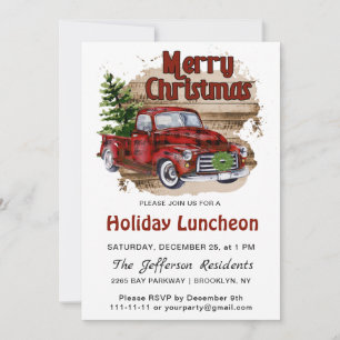 Invitation Retro Rustic Noël Rouge Camion Déjeuner de vacance