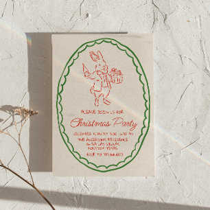 Invitation Retro Rustique main tiré Rouge Noël Fête de lapin