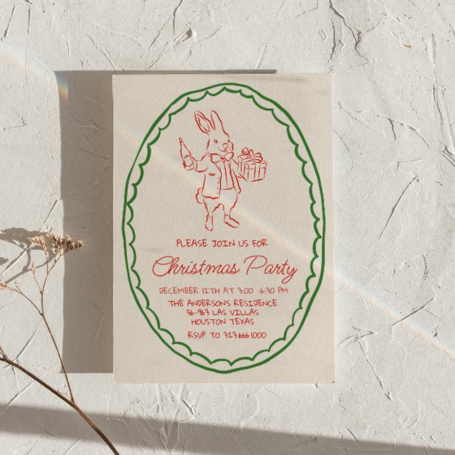 Invitation Retro Rustique main tiré Rouge Noël Fête de lapin (Créateur téléchargé)