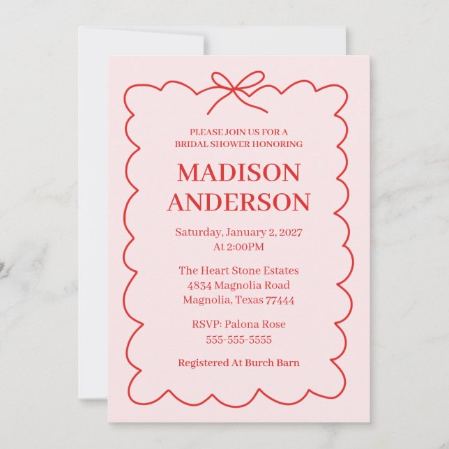 Invitation Retro Saint-Valentin Bridal Shower Rouge Rose (Devant)