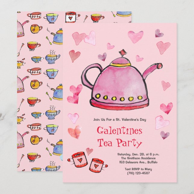 Invitation Retro Saint Valentin Galentines Tea Party Déjeuner (Devant / Derrière)