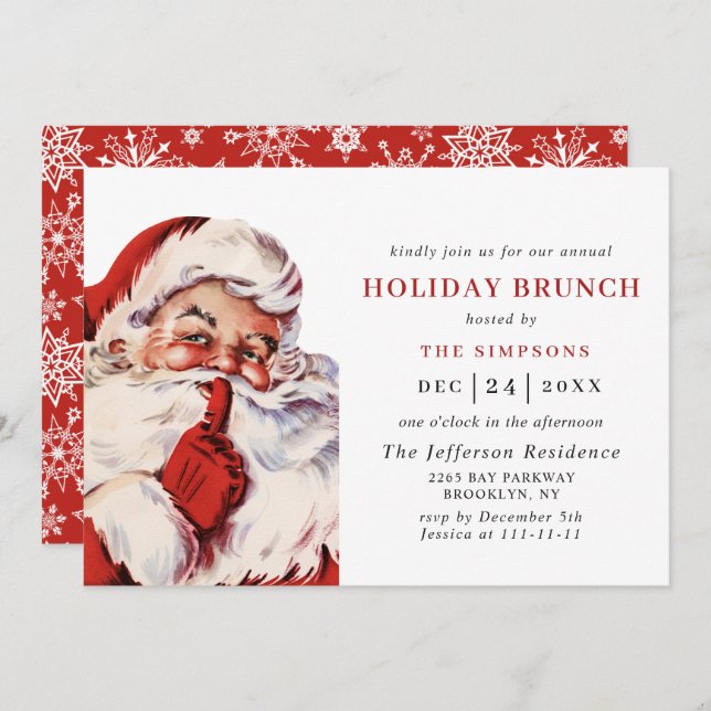 Invitation Retro Santa Claus Noël VACANCES BRUNCH (Devant / Derrière)