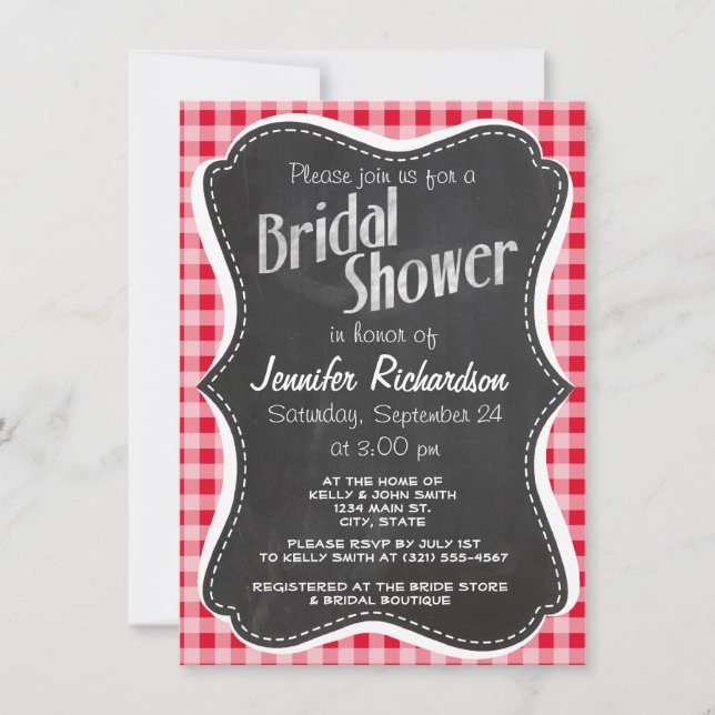 Invitation Retro Scarlet Red En vichy ; Chalboard look (Devant)