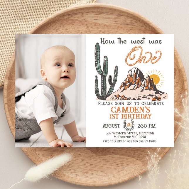 Invitation Retro Side Photo Comment l'Occident a été un 1er a (How The West Was One 1st Birthday Invitation with Photo, Boys Wild West 1st Birthday Invite, Western)
