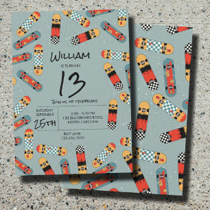Invitation Retro Skateboard Blue Cool Skateboard Anniversaire