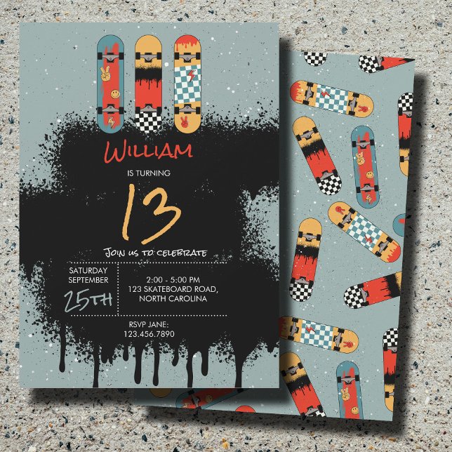 Invitation Retro Skateboard Blue Cool Spray Peinture Annivers (Retro Skateboard Blue Cool Spray Paint Birthday Invitation)