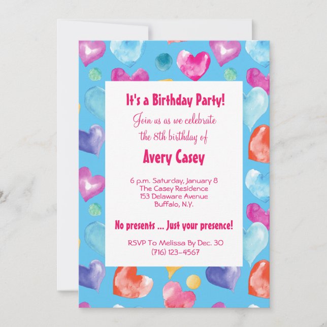 Invitation Retro Sky Blue Aquarelle Coeurs mignon Anniversair (Devant)