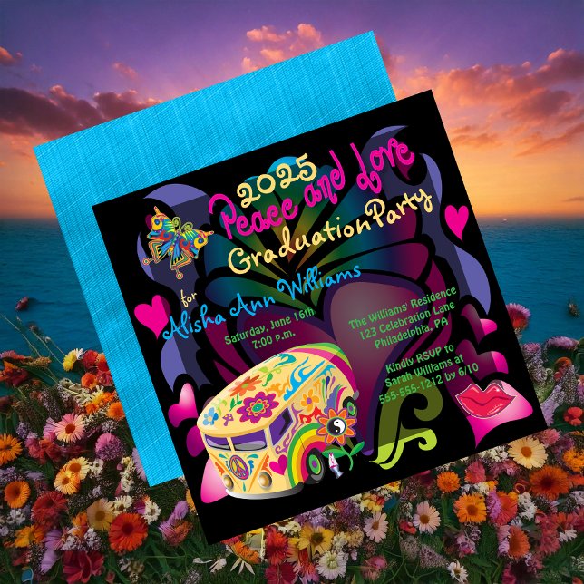 Invitation Retro Soixante ans Peace and Love Graduation (Retro Sixties Peace and Love Graduation Party Invitation - Print and/or Digital Download)