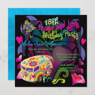 Invitation Retro Soixties Paix et Amour 18e fête d'anniversai
