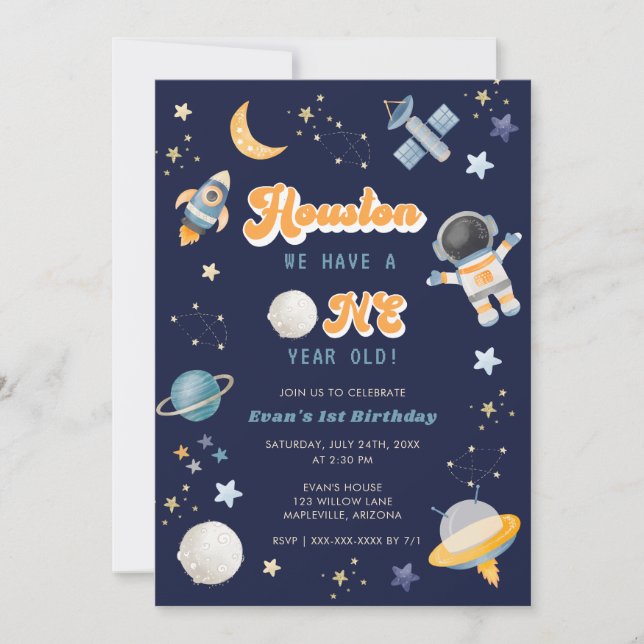 Invitation Retro Space Houston Nous avons 1 an Anniversaire (Devant)