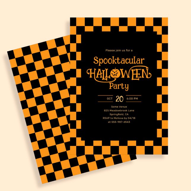 Invitation Rétro Spooktacular Halloween Carreaux Orange (Créateur téléchargé)