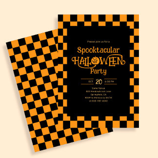 Invitation Retro Spooktacular Halloween Checkered Orange