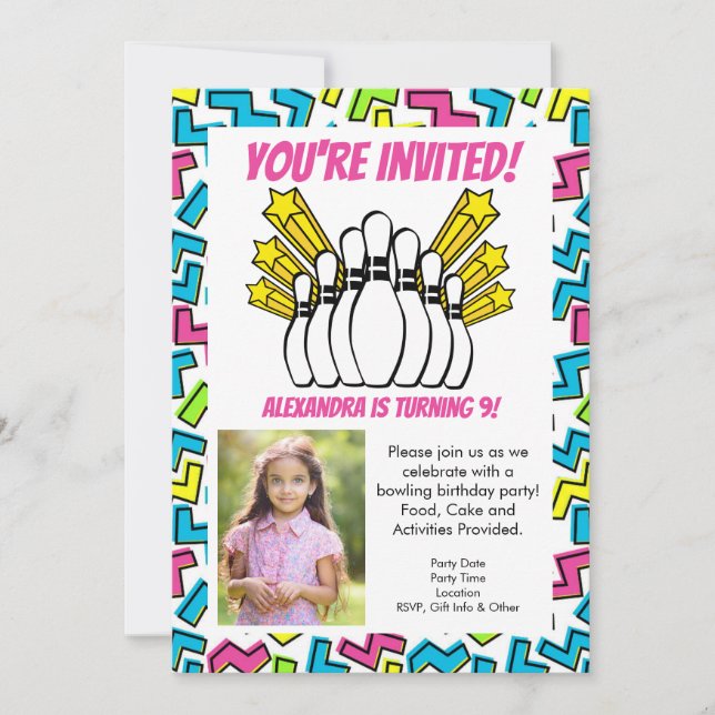 Invitation Retro Stars Girls Photo Bowling Party Anniversaire (Devant)