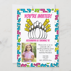 Invitation Retro Stars Girls Photo Bowling Party Anniversaire