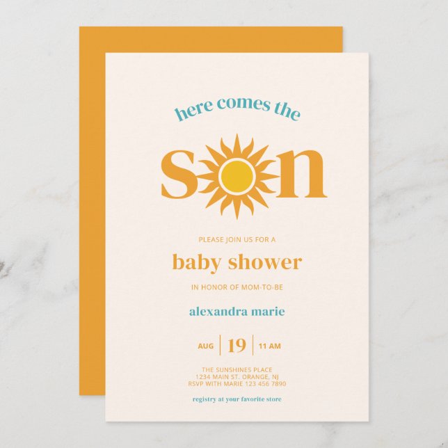Invitation Retro Sun Voici le Baby shower du fils (Devant / Derrière)