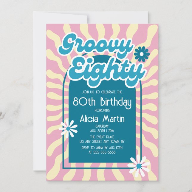 Invitation Retro Sun Wave Daisy Bleu Super 80e anniversaire (Devant)
