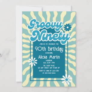 Invitation Retro Sun Wave Daisy Bleu Super 90e anniversaire
