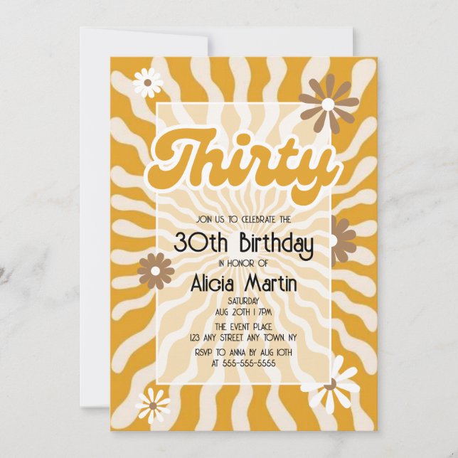 Invitation Retro Sun Wave Daisy Brown 30e anniversaire (Devant)