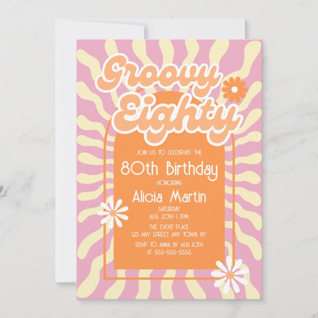 Invitation Retro Sun Wave Daisy Super Orange 80e anniversaire (Devant)