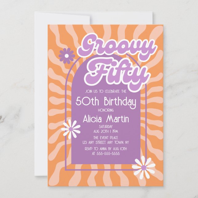 Invitation Retro Sun Wave Daisy Super Purple 50e anniversaire (Devant)