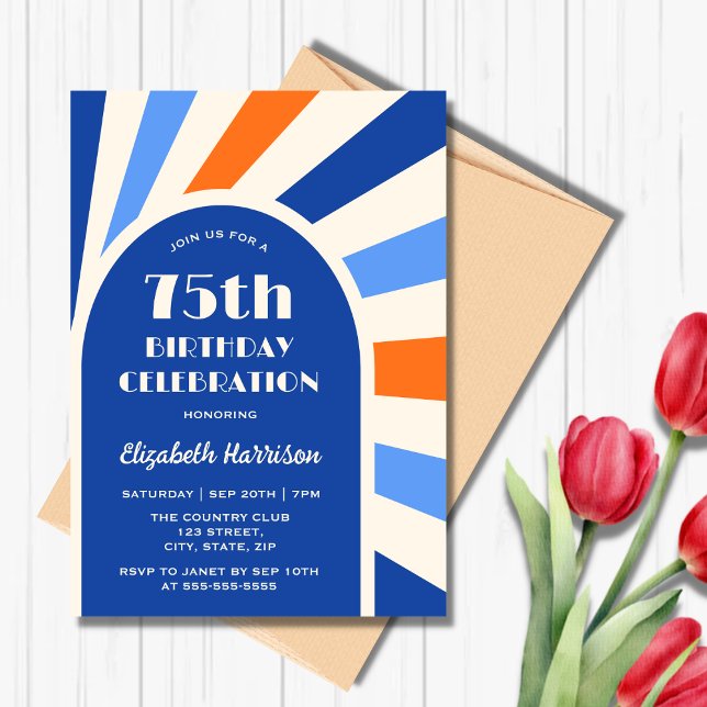 Invitation Retro Sunburst Arch Typographie Anniversaire Bleu (Créateur téléchargé)