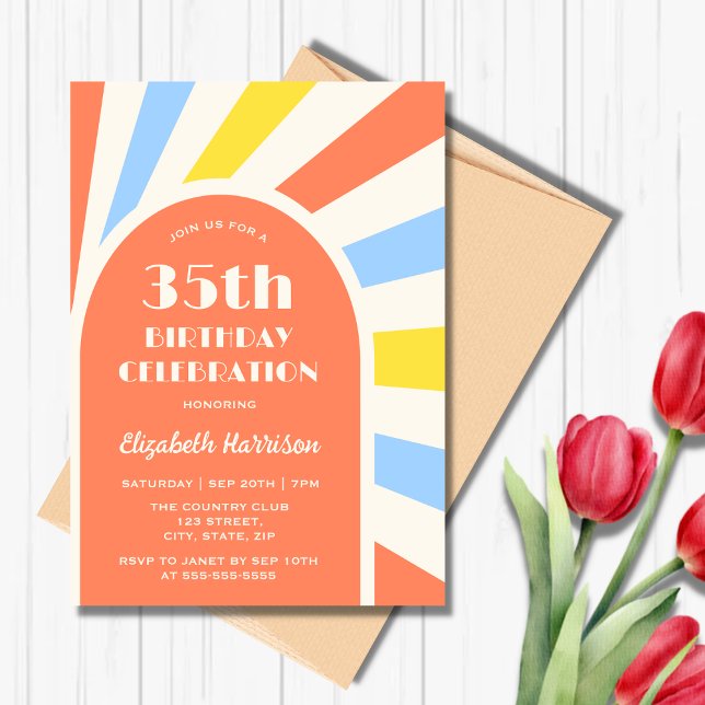 Invitation Retro Sunburst Arch Typographie Anniversaire Orang (Créateur téléchargé)