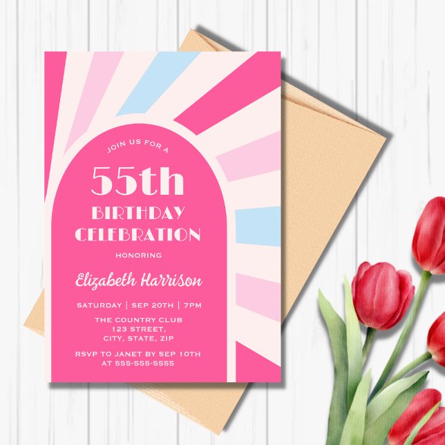 Invitation Retro Sunburst Arch Typographie Anniversaire rose (Créateur téléchargé)