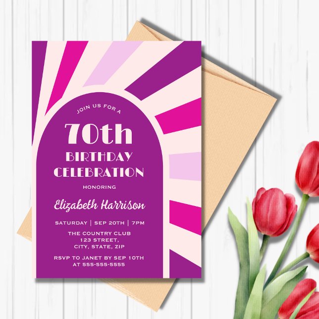 Invitation Retro Sunburst Arch Typographie Anniversaire viole (Créateur téléchargé)