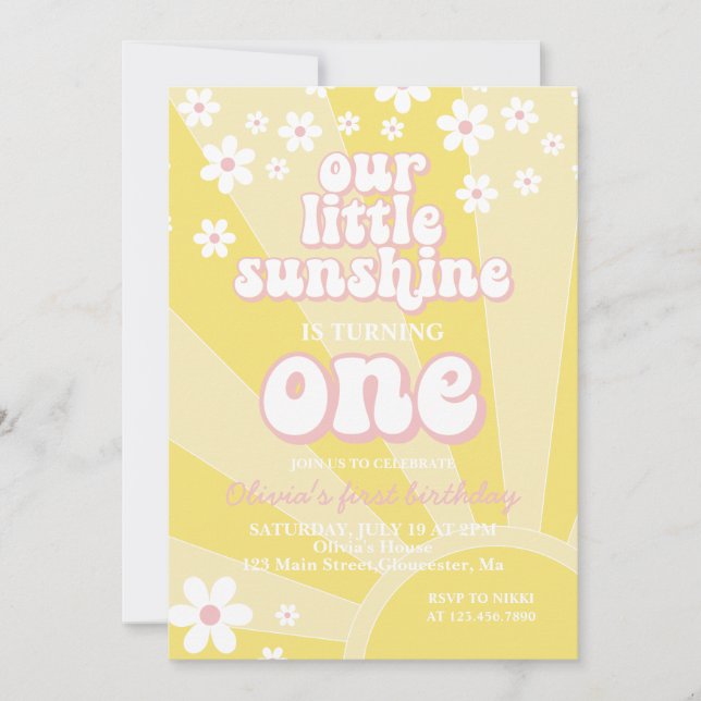 Invitation Retro Sunshine daisy boho premier anniversaire flo (Devant)