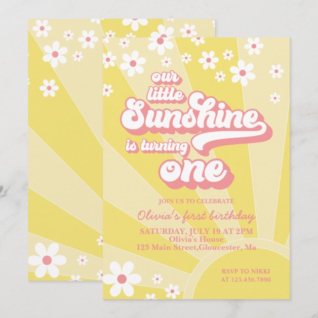 Invitation Retro Sunshine marguerite boho floral premier anni (Devant / Derrière)