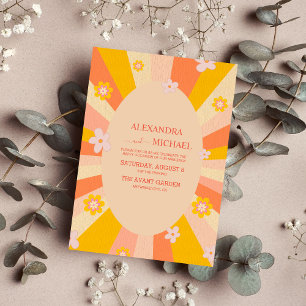 Invitation Retro Super 70's à thème orange jaune Mariage