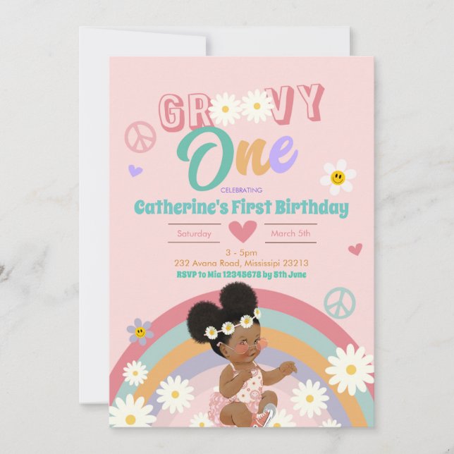 Invitation Retro Super Afro Girl Un premier anniversaire (Devant)