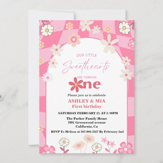 Invitation Retro Super Daisy Boho Twin 1er anniversaire (Devant)