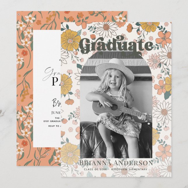 Invitation Retro Super Floral Arch Photo Kids Graduation (Devant / Derrière)