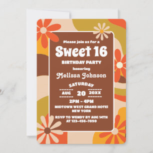 Invitation Retro Super Funky coloré Hippie Flower Sweet 16