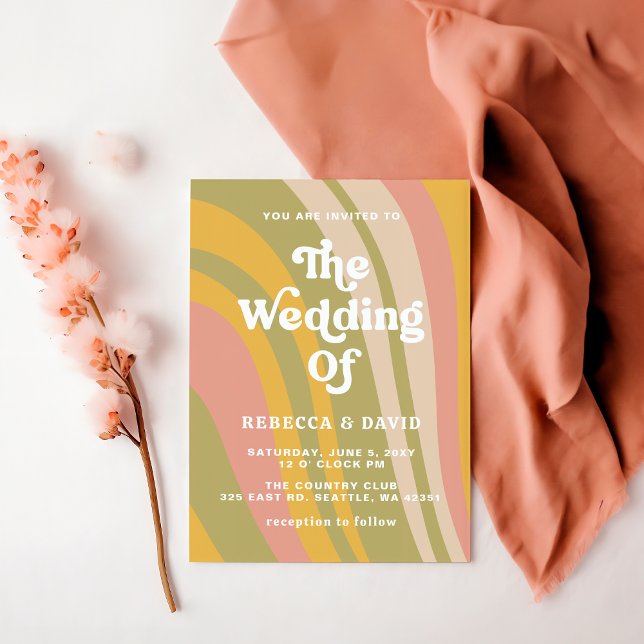 Invitation Retro Super les années 70 mignon rose vert jaune M (Retro Groovy 70s Cute Pink Green Yellow Wedding Invitation)