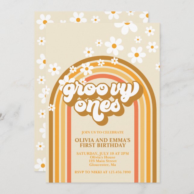 Invitation Retro Super Ones Rainbow Brown Twin Anniversaire (Devant / Derrière)
