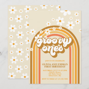 Invitation Retro Super Ones Rainbow Brown Twin Anniversaire