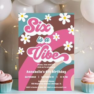 Invitation Retro Super SIX est Vibe rose turquoise fille anni