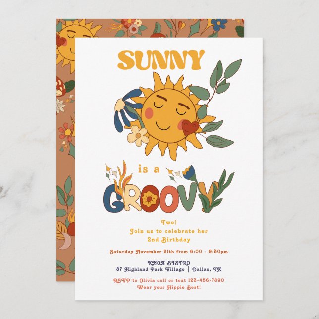 Invitation Retro Super Sunshine Flower Power fête d'anniversa (Devant / Derrière)