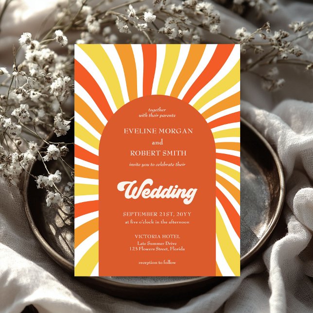 Invitation Rétro super vagues orange jaune soleil mariage (Retro groovy waves orange yellow sun wedding invitation)