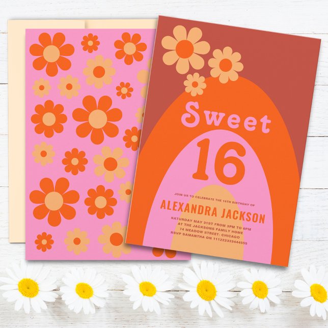 Invitation Retro Sweet 16 Anniversaire fête Orange rose (Sweet 16 retro daisy arch orange and pink 16th birthday party with groovy typography )