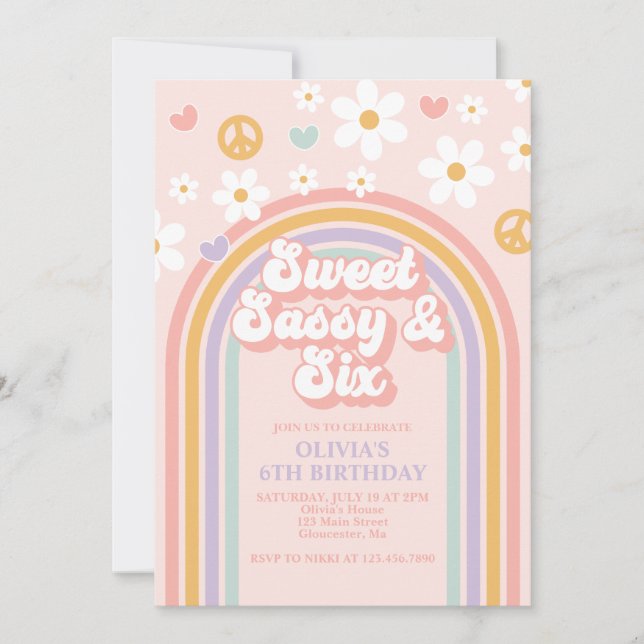 Invitation Retro Sweet Sassy Six Rainbow 6e anniversaire (Devant)