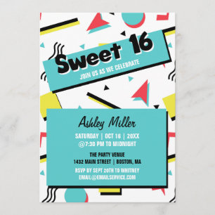 Invitation Rétro sweet sixteen orienté du motif 90s