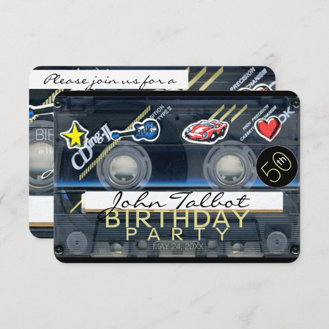 Invitation Retro T3 Cassette 50e Anniversaire Fête Inv (Devant / Derrière)