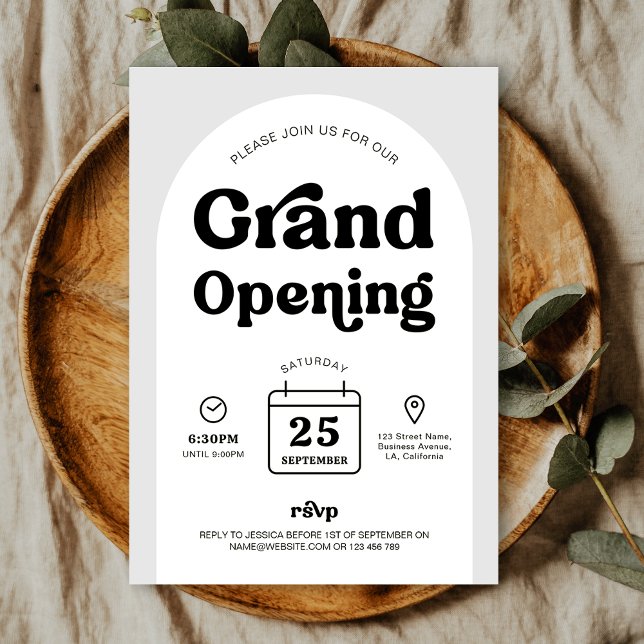 Invitation Retro Trendy Arch New Business Shop Ouverture (Trendy Business Grand Opening invitation design, featuring retro fonts, arch background and icons)