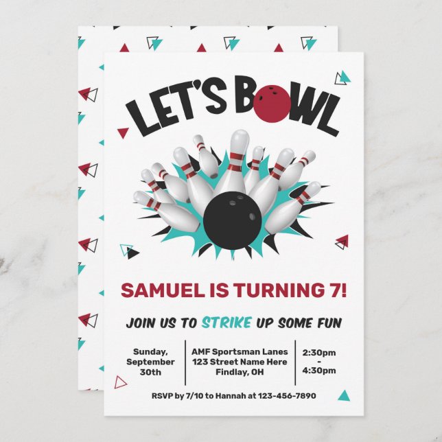 Invitation Retro Turquoise et Red Bowling fête d'anniversaire (Devant / Derrière)