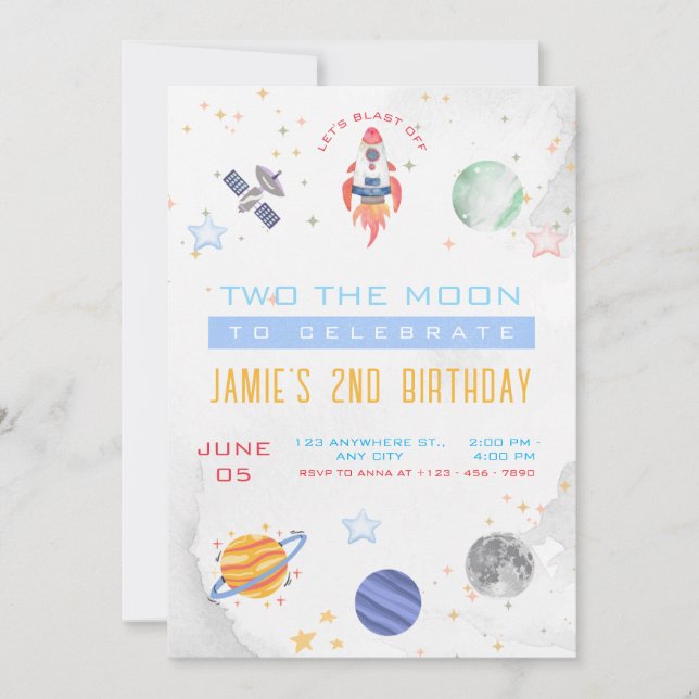 Invitation Retro Two La Lune Extérieure Partie Anniversaire (Devant)