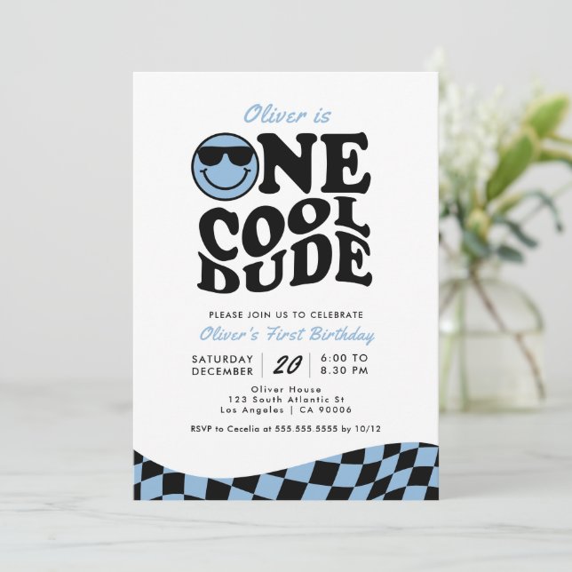 Invitation Retro Un Cool Dude Blue Smile Face 1er anniversair (Debout devant)